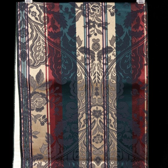 VTG Jacquard Damask Holiday Table Runner Floral Stripe Green Red 12" x  68" - Picture 5 of 7